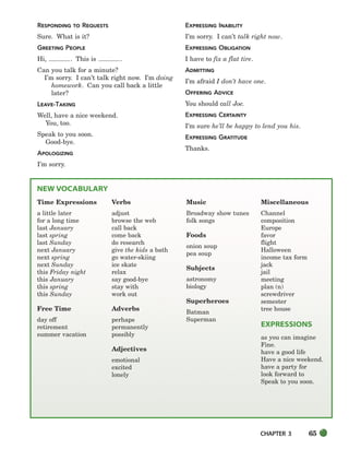 CHAPTER 3 65
Time Expressions
a little later
for a long time
last January
last spring
last Sunday
next January
next spring
next Sunday
this Friday night
this January
this spring
this Sunday
Free Time
day off
retirement
summer vacation
Verbs
adjust
browse the web
call back
come back
do research
give the kids a bath
go water-skiing
ice skate
relax
say good-bye
stay with
work out
Adverbs
perhaps
permanently
possibly
Adjectives
emotional
excited
lonely
Music
Broadway show tunes
folk songs
Foods
onion soup
pea soup
Subjects
astronomy
biology
Superheroes
Batman
Superman
Miscellaneous
Channel
composition
Europe
favor
flight
Halloween
income tax form
jack
jail
meeting
plan (n)
screwdriver
semester
tree house
EXPRESSIONS
as you can imagine
Fine.
have a good life
Have a nice weekend.
have a party for
look forward to
Speak to you soon.
RESPONDING TO REQUESTS
Sure. What is it?
GREETING PEOPLE
Hi, . This is .
Can you talk for a minute?
I’m sorry. I can’t talk right now. I’m doing
homework. Can you call back a little
later?
LEAVE-TAKING
Well, have a nice weekend.
You, too.
Speak to you soon.
Good-bye.
APOLOGIZING
I’m sorry.
EXPRESSING INABILITY
I’m sorry. I can’t talk right now.
EXPRESSING OBLIGATION
I have to fix a flat tire.
ADMITTING
I’m afraid I don’t have one.
OFFERING ADVICE
You should call Joe.
EXPRESSING CERTAINTY
I’m sure he’ll be happy to lend you his.
EXPRESSING GRATITUDE
Thanks.
NEW VOCABULARY
064-103_SBSTG3_CH03.qxp 7/10/07 2:17 PM Page 65
 