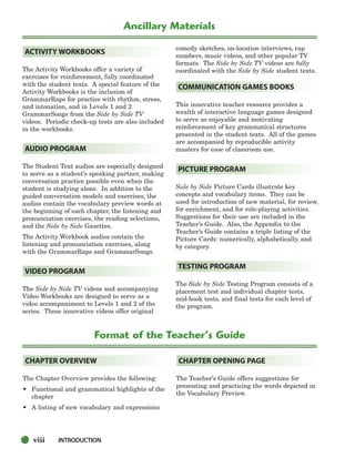 The Activity Workbooks offer a variety of
exercises for reinforcement, fully coordinated
with the student texts. A special feature of the
Activity Workbooks is the inclusion of
GrammarRaps for practice with rhythm, stress,
and intonation, and in Levels 1 and 2
GrammarSongs from the Side by Side TV
videos. Periodic check-up tests are also included
in the workbooks.
The Student Text audios are especially designed
to serve as a student’s speaking partner, making
conversation practice possible even when the
student is studying alone. In addition to the
guided conversation models and exercises, the
audios contain the vocabulary preview words at
the beginning of each chapter, the listening and
pronunciation exercises, the reading selections,
and the Side by Side Gazettes.
The Activity Workbook audios contain the
listening and pronunciation exercises, along
with the GrammarRaps and GrammarSongs.
The Side by Side TV videos and accompanying
Video Workbooks are designed to serve as a
video accompaniment to Levels 1 and 2 of the
series. These innovative videos offer original
comedy sketches, on-location interviews, rap
numbers, music videos, and other popular TV
formats. The Side by Side TV videos are fully
coordinated with the Side by Side student texts.
This innovative teacher resource provides a
wealth of interactive language games designed
to serve as enjoyable and motivating
reinforcement of key grammatical structures
presented in the student texts. All of the games
are accompanied by reproducible activity
masters for ease of classroom use.
Side by Side Picture Cards illustrate key
concepts and vocabulary items. They can be
used for introduction of new material, for review,
for enrichment, and for role-playing activities.
Suggestions for their use are included in the
Teacher’s Guide. Also, the Appendix to the
Teacher’s Guide contains a triple listing of the
Picture Cards: numerically, alphabetically, and
by category.
The Side by Side Testing Program consists of a
placement test and individual chapter tests,
mid-book tests, and final tests for each level of
the program.
TESTING PROGRAM
PICTURE PROGRAM
COMMUNICATION GAMES BOOKS
VIDEO PROGRAM
AUDIO PROGRAM
ACTIVITY WORKBOOKS
Ancillary Materials
Format of the Teacher’s Guide
The Chapter Overview provides the following:
• Functional and grammatical highlights of the
chapter
• A listing of new vocabulary and expressions
The Teacher’s Guide offers suggestions for
presenting and practicing the words depicted in
the Vocabulary Preview.
CHAPTER OPENING PAGE
CHAPTER OVERVIEW
viii INTRODUCTION
i-xv_SBSTG3_FM.QXD 8/16/07 9:08 AM Page viii
 