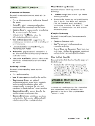 Conversation Lessons
Included for each conversation lesson are the
following:
• FOCUS: the grammatical and topical focus of
the lesson
• CLOSE UP: short grammar explanations
accompanied by examples from the lesson
• GETTING READY: suggestions for introducing
the new concepts in the lesson
• INTRODUCING THE MODEL: steps for
introducing model conversations
• SIDE BY SIDE EXERCISES: suggestions for
practicing the exercises, as well as a listing of
new vocabulary
• LANGUAGE NOTES, CULTURE NOTES, and
PRONUNCIATION NOTES
• WORKBOOK: page references for exercises in
the Activity Workbook that correspond to the
particular lesson
• EXPANSION ACTIVITIES: optional activities for
review and reinforcement of the content of
the lesson
Reading Lessons
Included for each reading lesson are the
following:
• FOCUS of the reading
• NEW VOCABULARY contained in the reading
• READING THE STORY: an optional
preliminary preview stage before students
begin to read the selection, along with
suggestions for presenting the story and
questions to check students’ comprehension
• READING CHECK-UP: answer keys for the
reading comprehension exercises
• READING EXTENSION: additional questions
and activities that provide additional skill
reinforcement of the reading selection
Other Follow-Up Lessons
Included for other follow-up lessons are the
following:
• LISTENING scripts and answer keys for the
listening exercises
• Strategies for presenting and practicing the
How to Say It!, How About You?, On Your
Own, In Your Own Words, Role Play,
Interactions, Interview, Talk About It!, Think
About It!, Pronunciation, and Side by Side
Journal activities
Chapter Summary
Included for each Chapter Summary are the
following:
• GRAMMAR SUMMARY tasks
• KEY VOCABULARY reinforcement and
expansion activities
• END-OF-CHAPTER EXPANSION ACTIVITIES that
review and reinforce the grammar structures
and vocabulary presented in the chapter
Side by Side Gazette
Included for the Side by Side Gazette pages are
the following:
• Strategies for introducing, practicing, and
expanding upon the Feature Articles, Fact
Files, Interviews, Fun with Idioms, Around
the World, Global Exchange, We’ve Got Mail!,
Listening, and What Are They Saying?
sections of the Gazette
Answers and listening scripts for all exercises
contained in the Activity Workbooks are
provided at the end of each chapter of the
Teacher’s Guide.
WORKBOOK ANSWER KEYS AND
LISTENING SCRIPTS
STEP-BY-STEP LESSON GUIDE
ix
INTRODUCTION
i-xv_SBSTG3_FM.QXD 8/16/07 9:08 AM Page ix
 