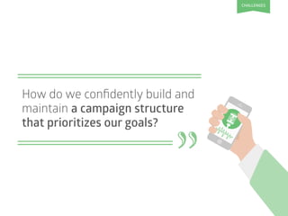 "
How do we conﬁdently build and
maintain a campaign structure
that prioritizes our goals?
CHALLENGES
 