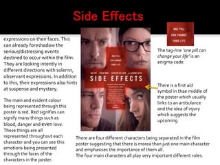 There is a first aid
symbol in thae middle of
the poster which usually
links to an ambulance
and the idea of injury
which suggests the
upcoming
All the characters have severe
expressions on their faces.This
can already foreshadow the
serious/distressing events
destined to occur within the film.
They are looking intently in
different directions with solemn,
observant expressions. In addition
to this, their expressions also hints
at suspense and mystery.
There are four different characters being separated in the film
poster suggesting that there is morea than just one main character
and emphasises the importance of them all.
The four main characters all play very important different roles.
The tag-line ‘one pill can
change your life’ is an
enigma code
The main and evident colour
being represented through this
poster is red. Red signifies can
signify many things such as
blood, danger and even love.
These things are all
represented throughout each
character and you can see this
emotions being presented
through the faces of the
characters in the poster.
 