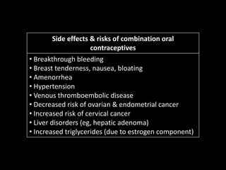 Side effects & risks of combination oral
contraceptives
• Breakthrough bleeding
• Breast tenderness, nausea, bloating
• Amenorrhea
• Hypertension
• Venous thromboembolic disease
• Decreased risk of ovarian & endometrial cancer
• Increased risk of cervical cancer
• Liver disorders (eg, hepatic adenoma)
• Increased triglycerides (due to estrogen component)
 