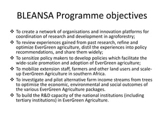 BLEANSA Programme objectives
 To create a network of organisations and innovation platforms for
coordination of research ...