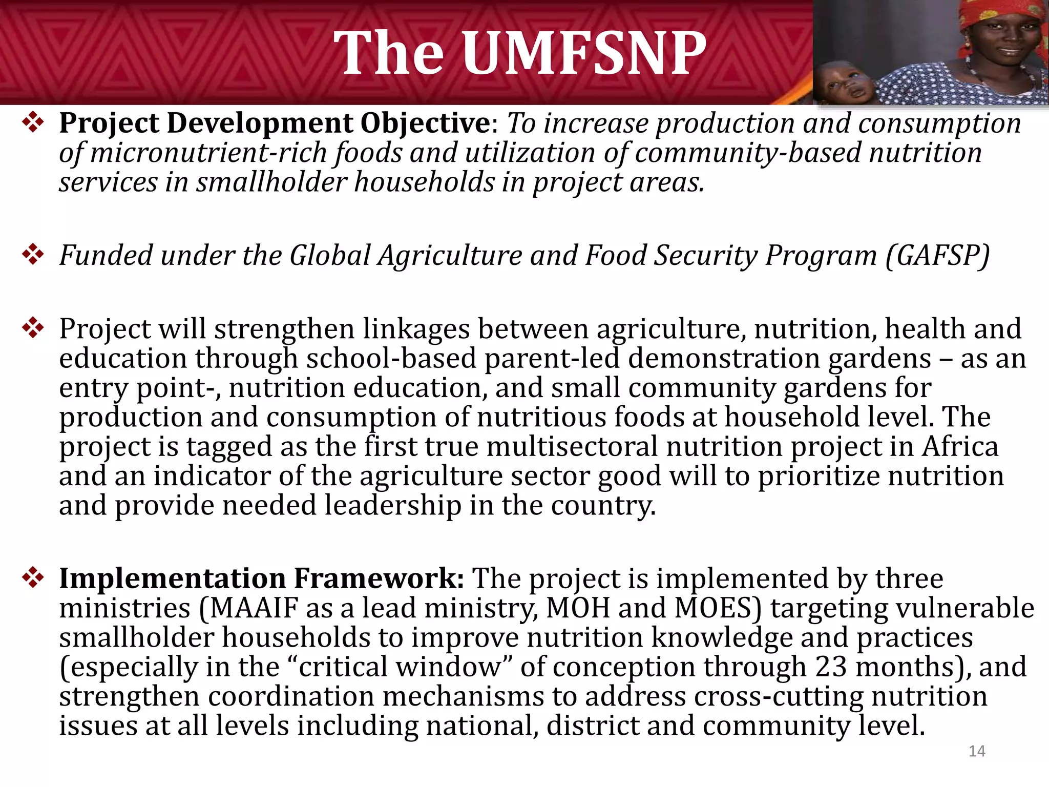The UMFSNP
 Project Development Objective: To increase production and consumption
of micronutrient-rich foods and utilization of community-based nutrition
services in smallholder households in project areas.
 Funded under the Global Agriculture and Food Security Program (GAFSP)
 Project will strengthen linkages between agriculture, nutrition, health and
education through school-based parent-led demonstration gardens – as an
entry point-, nutrition education, and small community gardens for
production and consumption of nutritious foods at household level. The
project is tagged as the first true multisectoral nutrition project in Africa
and an indicator of the agriculture sector good will to prioritize nutrition
and provide needed leadership in the country.
 Implementation Framework: The project is implemented by three
ministries (MAAIF as a lead ministry, MOH and MOES) targeting vulnerable
smallholder households to improve nutrition knowledge and practices
(especially in the “critical window” of conception through 23 months), and
strengthen coordination mechanisms to address cross-cutting nutrition
issues at all levels including national, district and community level.
14
 
