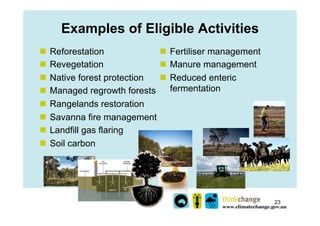 Examples of Eligible Activities
n  Reforestation            n  Fertiliser management
n  Revegetation             n  Ma...