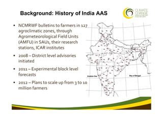 Background: History of India AAS

•  NCMRWF	
  bulletins	
  to	
  farmers	
  in	
  127	
  
   agroclimatic	
  zones,	
  th...