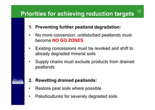 12
Priorities for achieving reduction targets

  1. Preventing further peatland degradation:
  •   No more conversion: undisturbed peatlands must
      become NO GO ZONES
  •   Existing concessions must be revoked and shift to
      already degraded mineral soils
  •   Supply chains must exclude products from drained
      peatlands


  2. Rewetting drained peatlands:
  •   Restore peat soils where possible
  •   Paludicultures for severely degraded soils
 
