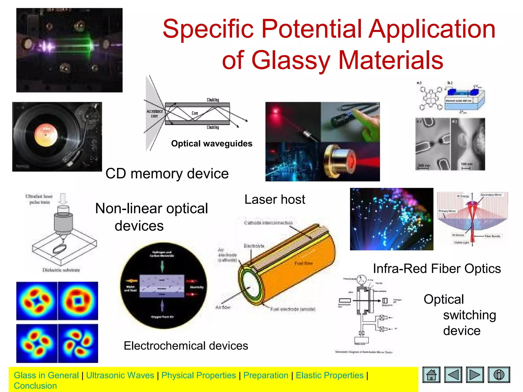 Glass in General | Ultrasonic Waves | Physical Properties | Preparation | Elastic Properties |
Conclusion
Specific Potential Application
of Glassy Materials
CD memory device
Optical
switching
device
Non-linear optical
devices
Electrochemical devices
Laser host
Infra-Red Fiber Optics
Optical waveguides
 