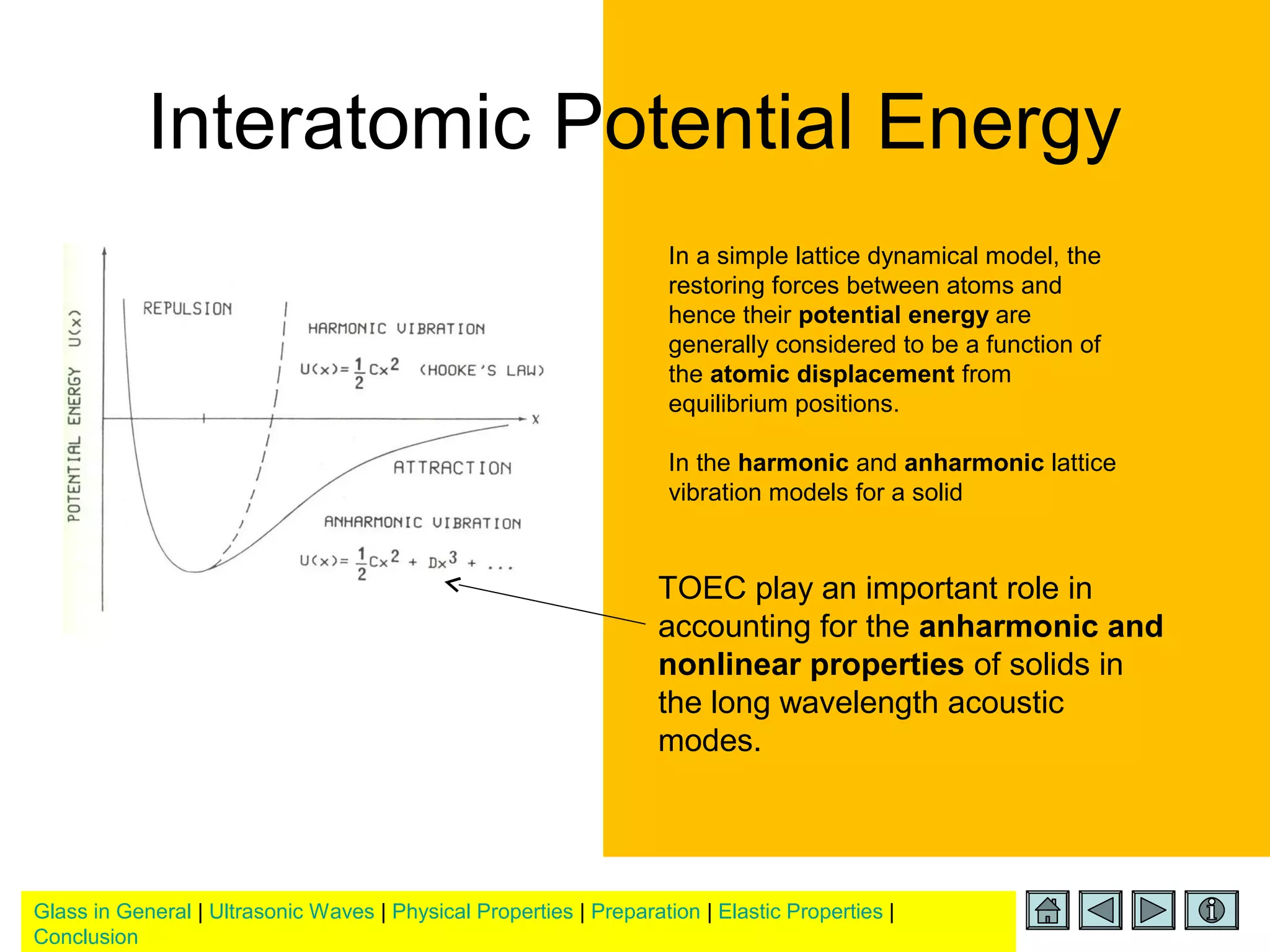 Glass in General | Ultrasonic Waves | Physical Properties | Preparation | Elastic Properties |
Conclusion
Interatomic Potential Energy
In a simple lattice dynamical model, the
restoring forces between atoms and
hence their potential energy are
generally considered to be a function of
the atomic displacement from
equilibrium positions.
In the harmonic and anharmonic lattice
vibration models for a solid
TOEC play an important role in
accounting for the anharmonic and
nonlinear properties of solids in
the long wavelength acoustic
modes.
 