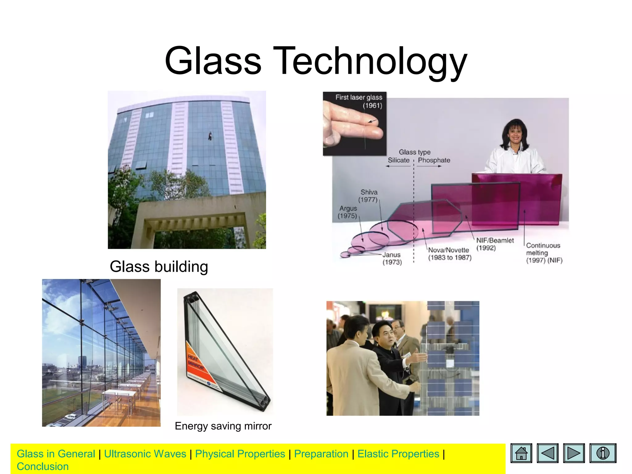 Glass in General | Ultrasonic Waves | Physical Properties | Preparation | Elastic Properties |
Conclusion
Glass Technology
Glass building
Energy saving mirror
 