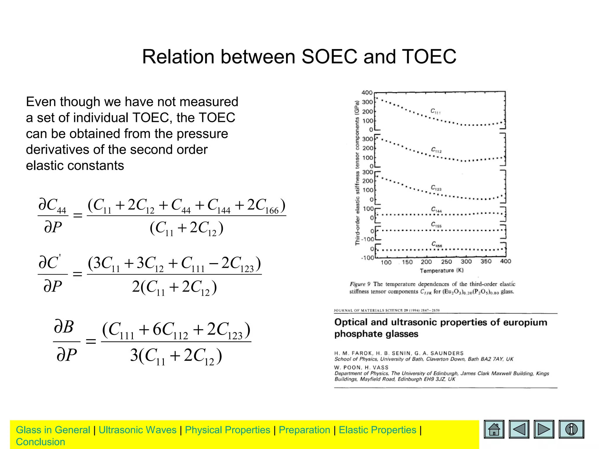 Glass in General | Ultrasonic Waves | Physical Properties | Preparation | Elastic Properties |
Conclusion
Relation between SOEC and TOEC
Even though we have not measured
a set of individual TOEC, the TOEC
can be obtained from the pressure
derivatives of the second order
elastic constants
)2(
)22(
1211
16614444121144
CC
CCCCC
P
C
+
++++
=
∂
∂
)2(2
)233(
1211
1231111211
'
CC
CCCC
P
C
+
−++
=
∂
∂
)2(3
)26(
1211
123112111
CC
CCC
P
B
+
++
=
∂
∂
 