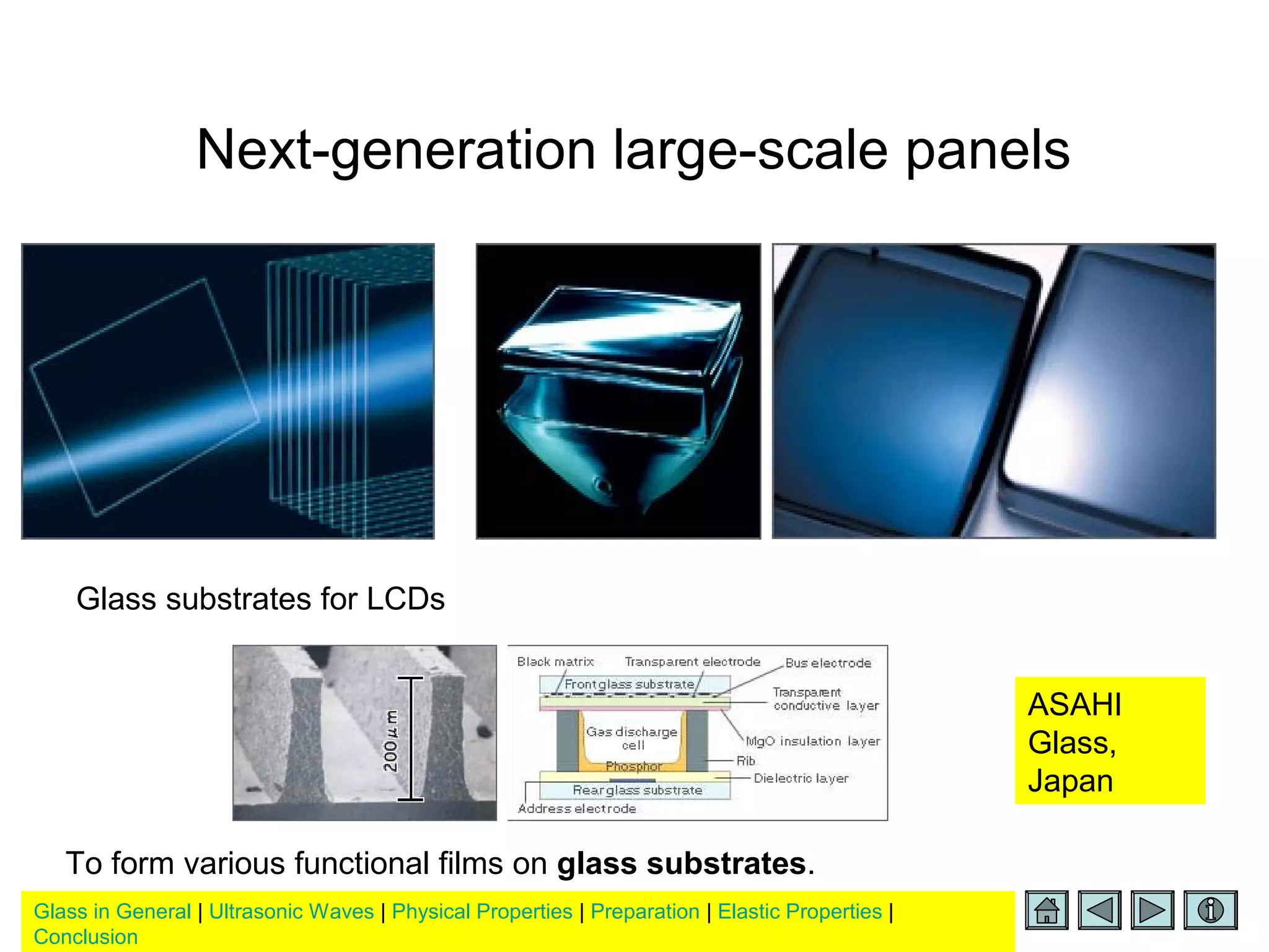 Glass in General | Ultrasonic Waves | Physical Properties | Preparation | Elastic Properties |
Conclusion
Next-generation large-scale panels
Glass substrates for LCDs
To form various functional films on glass substrates.
ASAHI
Glass,
Japan
 
