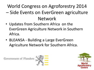 World Congress on Agroforestry 2014
– Side Events on EverGreen agriculture
Network
• Updates from Southern Africa on the
EverGreen Agriculture Network in Southern
Africa.
• BLEANSA - Building a Large EverGreen
Agriculture Network for Southern Africa.
 