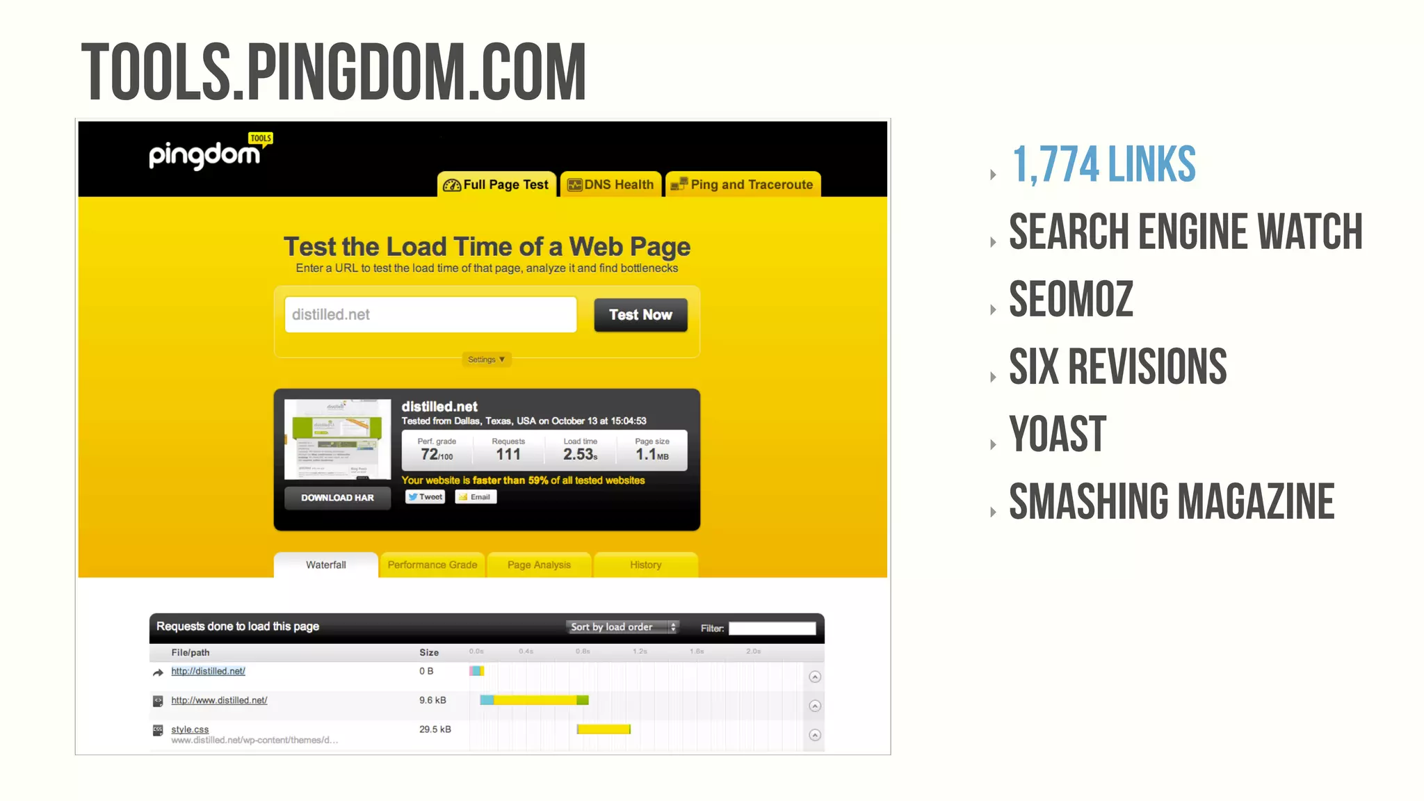 Tools.Pingdom.com
                    ‣  1,774 links
                    ‣  Search Engine Watch


                    ‣  SEOmoz


                    ‣  Six Revisions


                    ‣  Yoast


                    ‣  Smashing Magazine
 