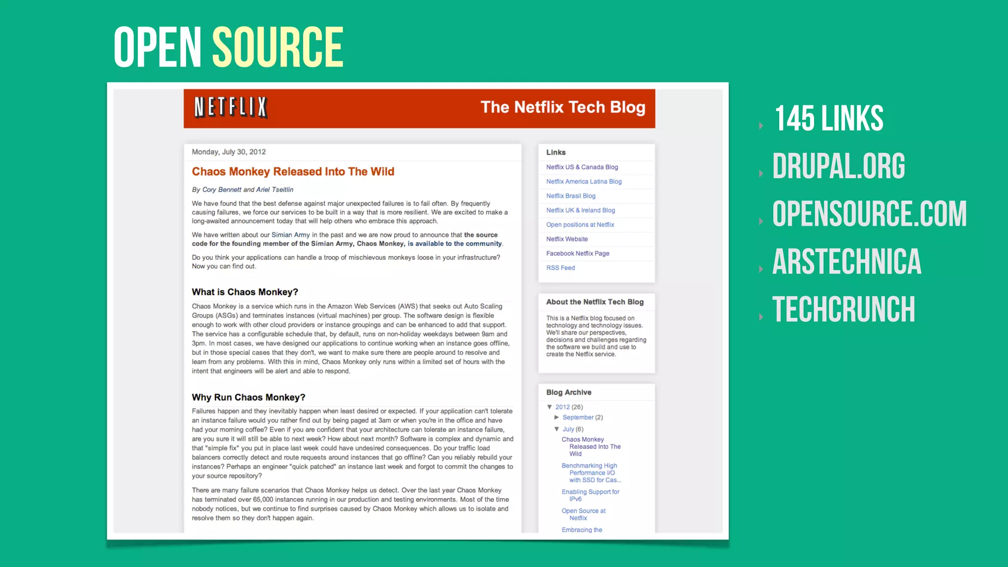 Open Source
              ‣  145 links
              ‣  Drupal.org


              ‣  opensource.com


              ‣  arstechnica


              ‣  TechCrunch
 