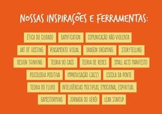 ENCONTROS 
com os aventureiros 
SEMANAIS 
São nossos momentos de conversa, expressão, acolhimento e cocriação. Revisamos o caminho percorrido, exploramos possibilidades e decidimos o que fazer a seguir.  