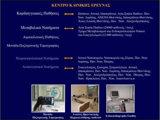 ΕΡΕΥΝΗΤΙΚΟΙΕΡΕΥΝΗΤΙΚΟΙ ΑΞΟΝΕΣΑΞΟΝΕΣ
ΚΑΡ∆ΙΑΓΕΙΑΚΟ ΝΕΥΡΟΒΙΟΛΟΓΙΑ
Ανάπτυξη
Φυσιολογία-Παθοφυσιολογία
Κυτταρικός Θάνατος
ΓΟΝΙ∆ΙΑΚΗ ΡΥΘΜΙΣΗ
ΦΛΕΓΜΟΝΗ – ΑΝΑ∆ΟΜΗΣΗ ΙΣΤ Ν
ΒΙΟΛΟΓΙΑ ΤΟΥ ΣΤΡΕΣ
ΒΙΟΛΟΓΙΑ ΤΟΥ ΚΑΡΚΙΝΟΥ
Βασικοί Μοριακοί Μηχανισµοί
∆ίκτυα Γονιδίων
Βαρύ Άσθµα
Χρόνια Αποφρακτική Πνευµονοπάθεια
∆ιάµεσα Νοσήµατα του Πνεύµονα
Νεφρική Ανεπάρκεια
Ρευµατοειδής Αρθρίτιδα
Ελκώδης Κολίτιδα – Νόσος του Crohn
Μηχανισµοί Καρκινογένεσης
Νέοι δείκτες
Καινοτόµες Τεχνολογίες για
διάγνωση και πρόγνωση
Γονιδιακή Θεραπεία
Ρευµατοειδής Αρθρίτιδα
Ανάπτυξη
Νευροεκφυλιστικές Ασθένειες
Μνήµη και Μάθηση
Μεταβολικές ασθένειες
∆ιαβήτης Παχυσαρκία
Συστεµικές αντιδράσεις
ΚΕΝΤΡΟ ΚΛΙΝΙΚΗΣ ΕΡΕΥΝΑΣ
Μονάδα
Ποζιτρονικής Τοµογραφίας
Καρδιαγγειακές Παθήσεις
Μεταβολικά Νοσήµατα
Αιµατολογικές Παθήσεις
Μονάδα Ποζιτρονικής Τοµογραφίας
Νευροεκφυλιστικά Νοσήµατα
Αναπνευστικά Νοσήµατα
νάσειο, Αττικό, Ιπποκράτειο, Αγία Σοφία Παίδων, Παν.
Νοσ. Λαρίσης, ΑΧΕΠΑ Θεσ/νίκης, Ιπποκράτειο Θεσ/νίκης,
Άγιος Λουκάς Θεσ/νίκης, Παν. Νοσ. Αλεξανδρούπολης
Αγία Σοφία Παίδων (24000 ασθενείς / έτος),
Τµήµα Μεταβολισµού και Ενδοκρινολογικών Νόσων
του Ευαγγελισµού (12.000 ασθενείς / έτος)
Αττικό Νοσοκοµείο, Νοσοκοµείο της Σύρου, Παν. Νοσ.
Λαρίσης, Παν. Νοσ. Πάτρας
Ευαγγελισµός, Σωτηρία, Σισµανόγλειο, Αττικό,
Ιπποκράτειο, Παν. Νοσ. Λαρίσης, Ιπποκράτειο Θεσ/νίκης,
Παν. Νοσ. Αλεξανδρούπολης, Παν. Νοσ. Πάτρας, Παν.
Νοσ. Ηρακλείου, Παν. Νοσ. Ιωαννίνων κ.α
6 κλίνες Hµιεντατικής
Παρακολούθησης Aσθενών
Echocardiography Facility
 