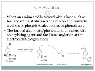 O – Acylation
 When an amino acid is treated with a base such as
tertiary amine, it abstracts the proton and converts
alcohols or phenols to alcoholates or phenolates .
 The formed alcoholate/phenolate, then reacts with
an acylating agent and facilitates acylation at the
electron rich oxygen atom .
 