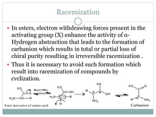 Racemization
 In esters, electron withdrawing forces present in the
activating group (X) enhance the activity of α-
Hydrogen abstraction that leads to the formation of
carbanion which results in total or partial loss of
chiral purity resulting in irreversible racemization .
 Thus it is necessary to avoid such formation which
result into racemization of compounds by
cyclization.
 