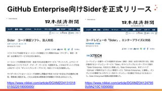 GitHub Enterprise向けSiderを正式リリース
https://www.nikkei.com/article/DGXMZO4131018
015022019000000/
https://www.nikkei.com/article/DGXMZO4124795
0U9A210C1000000/
 