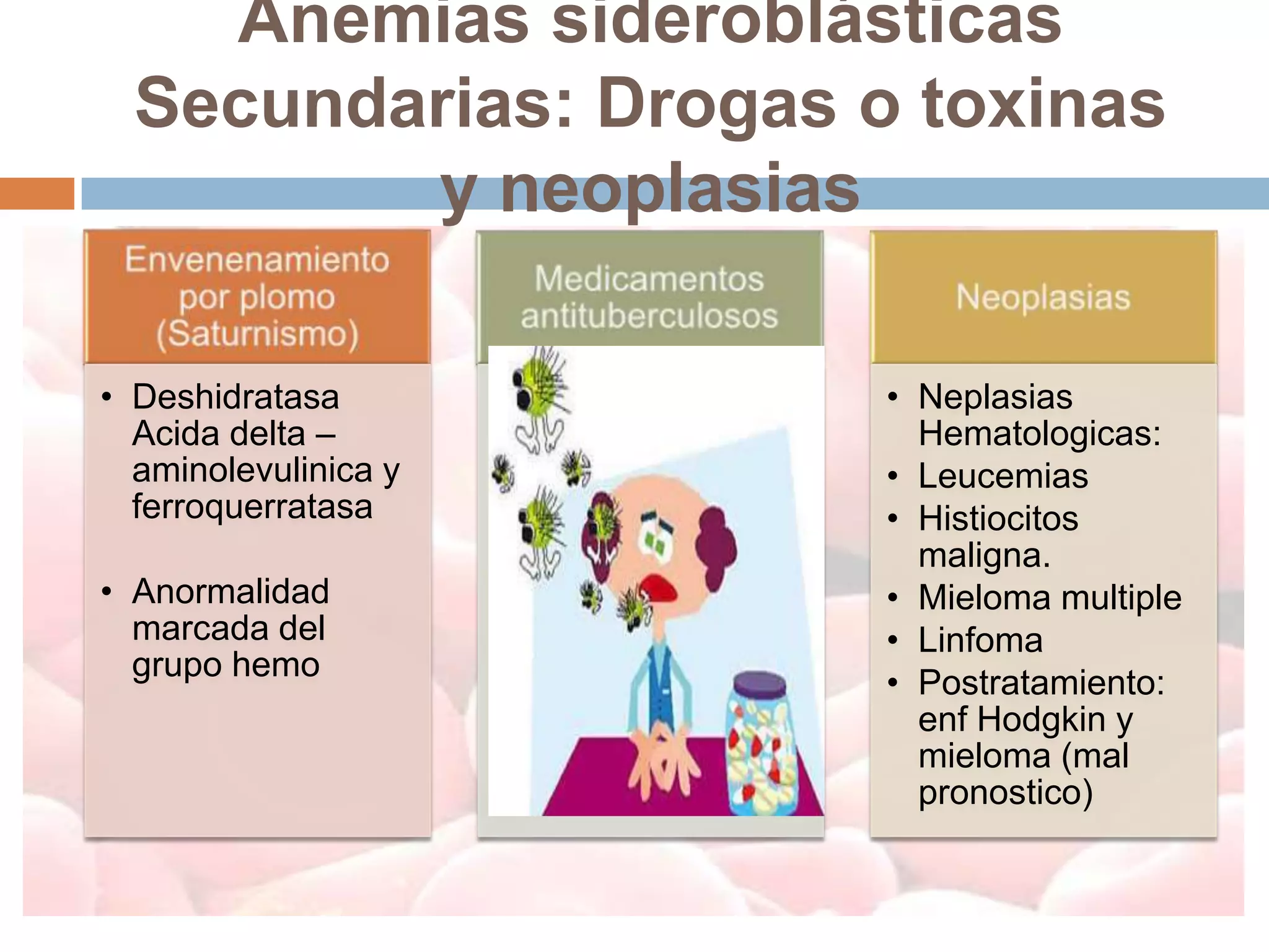 Anemias sideroblásticas
  Secundarias: Drogas o toxinas
         y neoplasias

• Deshidratasa         • Neplasias
  Acida delta –          Hematologicas:
  aminolevulinica y    • Leucemias
  ferroquerratasa      • Histiocitos
                         maligna.
• Anormalidad          • Mieloma multiple
  marcada del          • Linfoma
  grupo hemo
                       • Postratamiento:
                         enf Hodgkin y
                         mieloma (mal
                         pronostico)
 