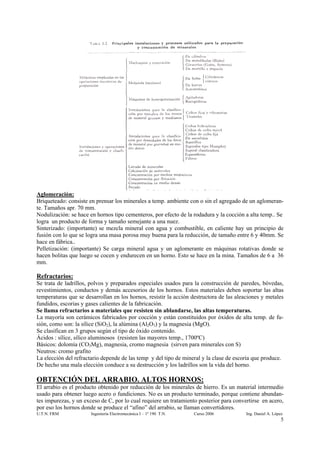 Aglomeración:
Briqueteado: consiste en prensar los minerales a temp. ambiente con o sin el agregado de un aglomeran-
te. Tamaños apr. 70 mm.
Nodulización: se hace en hornos tipo cementeros, por efecto de la rodadura y la cocción a alta temp.. Se
logra un producto de forma y tamaño semejante a una nuez.
Sinterizado: (importante) se mezcla mineral con agua y combustible, en caliente hay un principio de
fusión con lo que se logra una masa porosa muy buena para la reducción, de tamaño entre 6 y 40mm. Se
hace en fábrica..
Pelletización: (importante) Se carga mineral agua y un aglomerante en máquinas rotativas donde se
hacen bolitas que luego se cocen y endurecen en un horno. Esto se hace en la mina. Tamaños de 6 a 36
mm.

Refractarios:
Se trata de ladrillos, polvos y preparados especiales usados para la construcción de paredes, bóvedas,
revestimientos, conductos y demás accesorios de los hornos. Estos materiales deben soportar las altas
temperaturas que se desarrollan en los hornos, resistir la acción destructora de las aleaciones y metales
fundidos, escorias y gases calientes de la fabricación.
Se llama refractarios a materiales que resisten sin ablandarse, las altas temperaturas.
La mayoría son cerámicos fabricados por cocción y están constituidos por óxidos de alta temp. de fu-
sión, como son: la sílice (SiO2), la alúmina (Al2O3) y la magnesia (MgO).
Se clasifican en 3 grupos según el tipo de óxido contenido.
Ácidos : sílice, sílico aluminosos (resisten las mayores temp., 1700ºC)
Básicos: dolomía (CO3Mg), magnesia, cromo magnesia (sirven para minerales con S)
Neutros: cromo grafito
La elección del refractario depende de las temp y del tipo de mineral y la clase de escoria que produce.
De hecho una mala elección conduce a su destrucción y los ladrillos son la vida del horno.

OBTENCIÓN DEL ARRABIO. ALTOS HORNOS:
El arrabio es el producto obtenido por reducción de los minerales de hierro. Es un material intermedio
usado para obtener luego acero o fundiciones. No es un producto terminado, porque contiene abundan-
tes impurezas, y un exceso de C, por lo cual requiere un tratamiento posterior para convertirse en acero,
por eso los hornos donde se produce el “afino” del arrabio, se llaman convertidores.
U.T.N. FRM             Ingeniería Electromecánica I – 1º 190 T.N.   Curso 2006           Ing. Daniel A. López
                                                                                                            5
 