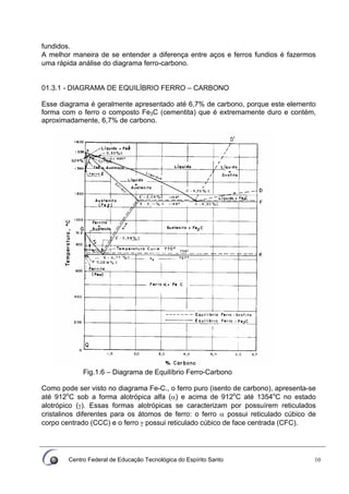 Centro Federal de Educação Tecnológica do Espírito Santo 10
fundidos.
A melhor maneira de se entender a diferença entre aços e ferros fundios é fazermos
uma rápida análise do diagrama ferro-carbono.
01.3.1 - DIAGRAMA DE EQUILÍBRIO FERRO – CARBONO
Esse diagrama é geralmente apresentado até 6,7% de carbono, porque este elemento
forma com o ferro o composto Fe3C (cementita) que é extremamente duro e contém,
aproximadamente, 6,7% de carbono.
Fig.1.6 – Diagrama de Equilíbrio Ferro-Carbono
Como pode ser visto no diagrama Fe-C., o ferro puro (isento de carbono), apresenta-se
até 912o
C sob a forma alotrópica alfa (α) e acima de 912o
C até 1354o
C no estado
alotrópico (γ). Essas formas alotrópicas se caracterizam por possuírem reticulados
cristalinos diferentes para os átomos de ferro: o ferro α possui reticulado cúbico de
corpo centrado (CCC) e o ferro γ possui reticulado cúbico de face centrada (CFC).
 