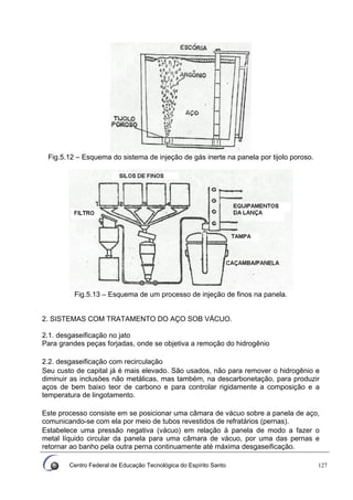 Centro Federal de Educação Tecnológica do Espírito Santo 127
Fig.5.12 – Esquema do sistema de injeção de gás inerte na panela por tijolo poroso.
Fig.5.13 – Esquema de um processo de injeção de finos na panela.
2. SISTEMAS COM TRATAMENTO DO AÇO SOB VÁCUO.
2.1. desgaseificação no jato
Para grandes peças forjadas, onde se objetiva a remoção do hidrogênio
2.2. desgaseificação com recirculação
Seu custo de capital já é mais elevado. São usados, não para remover o hidrogênio e
diminuir as inclusões não metálicas, mas também, na descarbonetação, para produzir
aços de bem baixo teor de carbono e para controlar rigidamente a composição e a
temperatura de lingotamento.
Este processo consiste em se posicionar uma câmara de vácuo sobre a panela de aço,
comunicando-se com ela por meio de tubos revestidos de refratários (pernas).
Estabelece uma pressão negativa (vácuo) em relação à panela de modo a fazer o
metal líquido circular da panela para uma câmara de vácuo, por uma das pernas e
retornar ao banho pela outra perna continuamente até máxima desgaseificação.
 