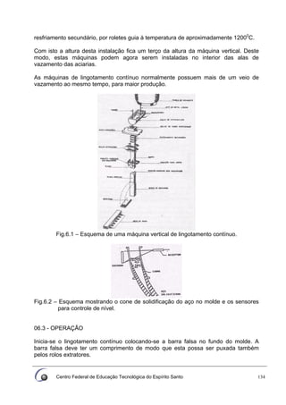 Centro Federal de Educação Tecnológica do Espírito Santo 134
resfriamento secundário, por roletes guia à temperatura de aproximadamente 12000
C.
Com isto a altura desta instalação fica um terço da altura da máquina vertical. Deste
modo, estas máquinas podem agora serem instaladas no interior das alas de
vazamento das aciarias.
As máquinas de lingotamento contínuo normalmente possuem mais de um veio de
vazamento ao mesmo tempo, para maior produção.
Fig.6.1 – Esquema de uma máquina vertical de lingotamento contínuo.
Fig.6.2 – Esquema mostrando o cone de solidificação do aço no molde e os sensores
para controle de nível.
06.3 - OPERAÇÃO
Inicia-se o lingotamento contínuo colocando-se a barra falsa no fundo do molde. A
barra falsa deve ter um comprimento de modo que esta possa ser puxada também
pelos rolos extratores.
 