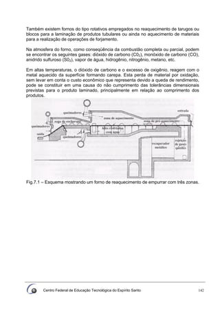 Centro Federal de Educação Tecnológica do Espírito Santo 142
Também existem fornos do tipo rotativos empregados no reaquecimento de tarugos ou
blocos para a laminação de produtos tubulares ou ainda no aquecimento de materiais
para a realização de operações de forjamento.
Na atmosfera do forno, como conseqüência da combustão completa ou parcial, podem
se encontrar os seguintes gases: dióxido de carbono (C02), monóxido de carbono (CO),
anidrido sulfuroso (S02), vapor de água, hidrogênio, nitrogênio, metano, etc.
Em altas temperaturas, o dióxido de carbono e o excesso de oxigênio, reagem com o
metal aquecido da superfície formando carepa. Esta perda de material por oxidação,
sem levar em conta o custo econômico que representa devido a queda de rendimento,
pode se constituir em uma causa do não cumprimento das tolerâncias dimensionais
previstas para o produto laminado, principalmente em relação ao comprimento dos
produtos.
Fig.7.1 – Esquema mostrando um forno de reaquecimento de empurrar com três zonas.
 