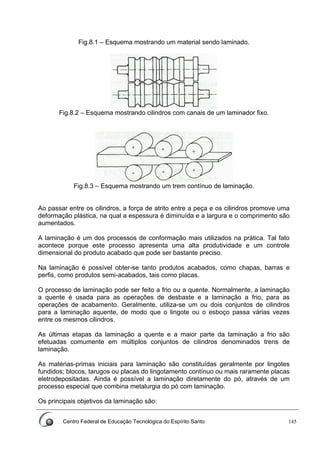 Centro Federal de Educação Tecnológica do Espírito Santo 145
Fig.8.1 – Esquema mostrando um material sendo laminado.
Fig.8.2 – Esquema mostrando cilindros com canais de um laminador fixo.
Fig.8.3 – Esquema mostrando um trem contínuo de laminação.
Ao passar entre os cilindros, a força de atrito entre a peça e os cilindros promove uma
deformação plástica, na qual a espessura é diminuída e a largura e o comprimento são
aumentados.
A laminação é um dos processos de conformação mais utilizados na prática. Tal fato
acontece porque este processo apresenta uma alta produtividade e um controle
dimensional do produto acabado que pode ser bastante preciso.
Na laminação é possível obter-se tanto produtos acabados, como chapas, barras e
perfis, como produtos semi-acabados, tais como placas.
O processo de laminação pode ser feito a frio ou a quente. Normalmente, a laminação
a quente é usada para as operações de desbaste e a laminação a frio, para as
operações de acabamento. Geralmente, utiliza-se um ou dois conjuntos de cilindros
para a laminação aquente, de modo que o lingote ou o esboço passa várias vezes
entre os mesmos cilindros.
As últimas etapas da laminação a quente e a maior parte da laminação a frio são
efetuadas comumente em múltiplos conjuntos de cilindros denominados trens de
laminação.
As matérias-primas iniciais para laminação são constituídas geralmente por lingotes
fundidos; blocos, tarugos ou placas do lingotamento contínuo ou mais raramente placas
eletrodepositadas. Ainda é possível a laminação diretamente do pó, através de um
processo especial que combina metalurgia do pó com laminação.
Os principais objetivos da laminação são:
 
