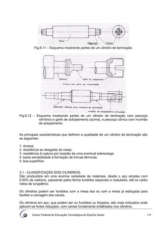 Centro Federal de Educação Tecnológica do Espírito Santo 159
Fig.8.11 – Esquema mostrando partes de um cilindro de laminação.
Fig.8.12 – Esquema mostrando partes de um cilindro de laminação com pescoço
cilíndrico e garfo de acloplamento (acima), e pescoço cônico com munhão
de aclopamento.
As principais características que definem a qualidade de um cilindro de laminação são
as seguintes:
1. dureza;
2. resistência ao desgaste da mesa;
3. resistência à ruptura por ocasião de uma eventual sobrecarga;
4. baixa sensibilidade à formação de trincas térmicas;
5. boa superfície.
3.1 - CLASSIFICAÇÃO DOS CILINDROS:
São produzidos em uma enorme variedade de materiais, desde o aço simples com
0,50% de carbono, passando pelos ferros fundidos especiais e nodulares, até os carbo
netos de tungstênio.
Os cilindros podem ser fundidos com a mesa lisa ou com a mesa já esboçada para
facilitar a usinagem dos canais.
Os cilindros em aço, que podem ser ou fundidos ou forjados, são mais indicados onde
aplicam-se fortes reduções, com canais fundamente entalhados nos cilindros.
 