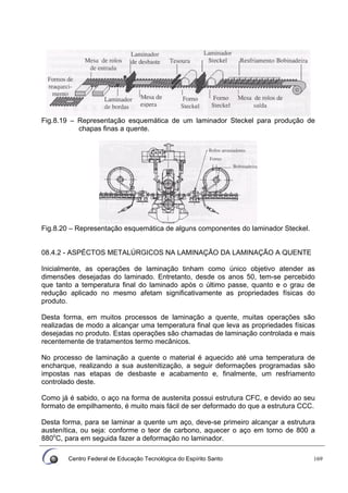 Centro Federal de Educação Tecnológica do Espírito Santo 169
Fig.8.19 – Representação esquemática de um laminador Steckel para produção de
chapas finas a quente.
Fig.8.20 – Representação esquemática de alguns componentes do laminador Steckel.
08.4.2 - ASPÉCTOS METALÚRGICOS NA LAMINAÇÃO DA LAMINAÇÃO A QUENTE
Inicialmente, as operações de laminação tinham como único objetivo atender as
dimensões desejadas do laminado. Entretanto, desde os anos 50, tem-se percebido
que tanto a temperatura final do laminado após o último passe, quanto e o grau de
redução aplicado no mesmo afetam significativamente as propriedades físicas do
produto.
Desta forma, em muitos processos de laminação a quente, muitas operações são
realizadas de modo a alcançar uma temperatura final que leva as propriedades físicas
desejadas no produto. Estas operações são chamadas de laminação controlada e mais
recentemente de tratamentos termo mecânicos.
No processo de laminação a quente o material é aquecido até uma temperatura de
encharque, realizando a sua austenitização, a seguir deformações programadas são
impostas nas etapas de desbaste e acabamento e, finalmente, um resfriamento
controlado deste.
Como já é sabido, o aço na forma de austenita possui estrutura CFC, e devido ao seu
formato de empilhamento, é muito mais fácil de ser deformado do que a estrutura CCC.
Desta forma, para se laminar a quente um aço, deve-se primeiro alcançar a estrutura
austenítica, ou seja: conforme o teor de carbono, aquecer o aço em torno de 800 a
880o
C, para em seguida fazer a deformação no laminador.
 