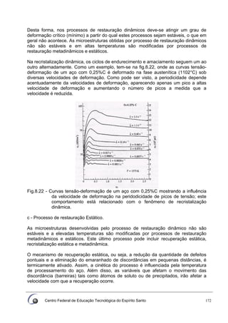Centro Federal de Educação Tecnológica do Espírito Santo 172
Desta forma, nos processos de restauração dinâmicos deve-se atingir um grau de
deformação crítico (mínimo) a partir do qual estes processos sejam estáveis, o que em
geral não acontece. As microestruturas obtidas por processo de restauração dinâmicos
não são estáveis e em altas temperaturas são modificadas por processos de
restauração metadinâmicos e estáticos.
Na recristalização dinâmica, os ciclos de endurecimento e amaciamento seguem um ao
outro alternadamente. Como um exemplo, tem-se na fig.8.22, onde as curvas tensão-
deformação de um aço com 0,25%C é deformado na fase austenítica (1102°C) sob
diversas velocidades de deformação. Como pode ser visto, a periodicidade depende
acentuadamente da velocidades de deformação, aparecendo apenas um pico a altas
velocidade de deformação e aumentando o número de picos a medida que a
velocidade é reduzida.
Fig.8.22 - Curvas tensão-deformação de um aço com 0,25%C mostrando a influência
da velocidade de deformação na peridodicidade de picos de tensão; este
comportamento está relacionado com o fenômeno de recristalização
dinâmica.
c - Processo de restauração Estático.
As microestruturas desenvolvidas pelo processo de restauração dinâmico não são
estáveis e a elevadas temperaturas são modificadas por processos de restauração
metadinâmicos e estáticos. Este último processo pode incluir recuperação estática,
recristalização estática e metadinâmica.
O mecanismo de recuperação estática, ou seja, a redução da quantidade de defeitos
pontuais e a eliminação do emaranhado de discordâncias em pequenas distâncias, é
termicamente ativado. Assim, a cinética do processo é influenciada pela temperatura
de processamento do aço. Além disso, as variáveis que afetam o movimento das
discordância (barreiras) tais como átomos de soluto ou de precipitados, irão afetar a
velocidade com que a recuperação ocorre.
 