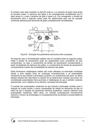 Centro Federal de Educação Tecnológica do Espírito Santo 175
O primeiro caso está mostrado na fig.8.24 onde d01 é o tamanho de grão inicial antes
do primeiro passe. A estrutura dos grãos é de completamente recristalizada (XR=1)
após tempo tR a qual o tamanho de grão é igual a dR. Por conseguinte, a tensão de
escoamento para o segundo passe pode ser determinada pelo uso da equação
conhecida aplicável para estruturas de grãos completamente recristalizadas.
Fig.8.24 - Evolução dos parâmetros estruturais entre os passes.
No segundo caso a recristalização estática não se completa antes do segundo passe,
então a tensão de escoamento pode ser apresentada como consistindo de dois
componentes, ou seja: a componente da tensão de escoamento correspondente a
parte recristalizada da estrutura dos grãos, e a componente da tensão de escoamento
correspondente a parte não recristalizada da estrutura dos grãos.
Estes fenômenos metalúrgicos citados são muito utilizados na laminação controlada
devido a forte relação entre as mudanças microestruturais e as propriedades
mecânicas do aço durante a laminação à quente e no resfriamento dos aços, na última
década estudos tem sido feitos no sentido de se desenvolver modelos que levem em
consideração propriedades físico-químicas e metalúrgicas do aço e também variáveis
operacionais, com o objetivo de se otimizar o processo de laminação.
O controle das propriedades mecânicas do aço durante a laminação contribui para a
redução de custos devido a menor necessidade de adição de elementos de liga no
refino do aço e redução de tratamentos térmicos posteriores, visando melhorar suas
propriedades mecânicas. Além disso, um controle computacional microretrutural
reduzirá o número de amostragens e conseqüentemente aumentará a produtividade da
laminação.
 