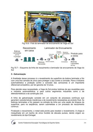 Centro Federal de Educação Tecnológica do Espírito Santo 191
Fig.10.6 - Foto do laminador de encruamento de Vega do Sul
Fig.10.7 – Esquema da linha de recozimento e laminador de encruamento de Vega do
Sul
5 - Galvanização
A finalidade desse processo é o revestimento da superfície da bobina laminada a frio
com uma fina camada de zinco para proteger o aço contra a corrosão. Para a indústria
automobilística a proteção contra a corrosão das carrocerias é um importante
diferencial competitivo, por ter garantia de 12 anos.
Para atender essa necessidade, a Vega do Sul produz bobinas de aço revestidas para
a indústria automobilística, e para outros segmentos industriais como o de
eletrodomésticos e da construção civil.
A linha de galvanização consiste em um conjunto de processos contínuos que
garantem características mecânicas e de revestimento necessárias ao produto final. As
bobinas laminadas a frio passam na entrada da linha por uma seção de limpeza da
superfície, para na seqüência, serem submetidas a um processo de recozimento
contínuo.
Finalizado o recozimento, o metal está pronto para receber o revestimento. A chapa é
mergulhada em um banho de zinco fundido de elevada pureza, dando origem ao
revestimento do tipo Extragal.
 