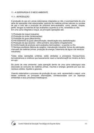 Centro Federal de Educação Tecnológica do Espírito Santo 193
11 - A SIDERURGIA E O MEIO AMBIENTE
11.1 - INTRODUÇÃO
A produção do aço em usinas siderúrgicas integradas ou não, é acompanhada de uma
série de operações inter-relacionadas, partindo de matérias primas naturais ou sucatas
de aço e indo até a produção de produtos semi-acabados, como: placas, chapas,
perfis, tarugos ou bobinas de aço acabadas a quente ou a frio, revestidas ou não.
Em uma usina integrada a coque, as principais operações são:
1) Produção de coque (coqueria)
2) Produção do sínter (sinterizações)
3) Produção do gusa (altos-fornos)
4) Pré-tratamento do gusa (dessulfuração. dessiliciação e/ou desfosforação)
5) Produção do aço (aciaria) - refino primário. secundário e lingotamento
6) Conformação de produtos semi-acabados (laminações) - a quente e a frio
7) Serviços auxiliares (fábrica de oxigênio. manutenção industrial. fornos de calcinação.
manuseio de matérias primas. produção de energia. tratamento de água e de resíduos
industriais)
Todas estas operações unitárias. estão atreladas a processos físicoquímicos.
termodinãmicos e cinéticos que basicamente visam a transfonnaçfD do minério de ferro
em aço.
Do ponto de vista ambiental. cada operação dentro de uma usina siderúrgica esta
associada ao consumo de matérias primas. insumos e energia. gerando por sua vez.
resíduos sólidos. líquidos e gasosos.
Visando sistematizar o processo de produção do aço. será apresentado a seguir. uma
tabela contendo as principais informações, correlacionadas com os aspectos
ambientais e seus processos metalúrgicos.
 