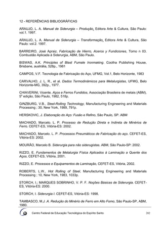 Centro Federal de Educação Tecnológica do Espírito Santo 202
12 - REFERÊNCIAS BIBLIOGRÁFICAS
ARAUJO, L. A. Manual de Siderurgia – Produção. Editora Arte & Cultura, São Paulo:
vol.1. 1997.
ARAUJO, L. A. Manual de Siderurgia – Transformação. Editora Arte & Cultura, São
Paulo: vol.2. 1997.
BARREIRO, José Apraiz. Fabricação de Hierro, Aceros y Fundiciones, Tomo n 03.
Combustão Aplicada à Siderurgia, ABM, São Paulo.
BISWAS, A.K. PrincipIes of Blast Fumale Ironmaking. Cootha Publishing House,
Brisbane, austrália, 528p., 1981
CAMPOS, V.F. Tecnologia de Fabricação do Aço, UFMG, Vol.1, Belo Horizonte, 1983
CARVALHO, J. L. R., et al. Dados Termodinâmicos para Metalurgistas, UFMG, Belo
Horizonte-MG, 392p., 1977.
CHIAVERINI, Vicente. Aços e Ferros Fundidos, Associação Brasileira de metais (ABM),
5a
edição, São Paulo, 1982, 518p.
GINZBURG, V.B., Steel-Rolling Technology, Manufacturing Engineering and Materials
Processing ; 30, New York, 1989, 791p.
HERSKOVIC, J. Elaboração do Aço: Fusão e Refino, São Paulo, SP. ABM
MACHADO, Marcelo. L. P. Processo de Redução Direta e Indireta de Minérios de
Ferro. CEFET-ES, Vitória-ES: 2002.
MACHADO, Marcelo. L. P. Processos Pneumáticos de Fabricação do aço. CEFET-ES,
Vitória-ES: 2002.
MOURÃO, Marcelo B. Siderurgia para não siderugistas. ABM, São Paulo-SP: 2002.
RIZZO, E. Fundamentos de Metalurgia Física Aplicados à Laminação a Quente dos
Aços, CEFET-ES, Vitória, 2001.
RIZZO, E. Processos e Equipamentos de Laminação, CEFET-ES, Vitória, 2002.
ROBERTS, L.W., Hot Rolling of Steel, Manufacturing Engineering and Materials
Processing ; 10, New York, 1983, 1033p.
STORCH, I.; MARQUES SOBRINHO, V. P. F. Noções Básicas de Siderurgia. CEFET-
ES, Vitória-ES: 2000.
STORCH, I. Siderurgia I. CEFET-ES, Vitória-ES: 1998.
TAMBASCO, M.J .A. Redução do Minério de Ferro em Alto Fomo, São Paulo-SP, ABM,
1980.
 