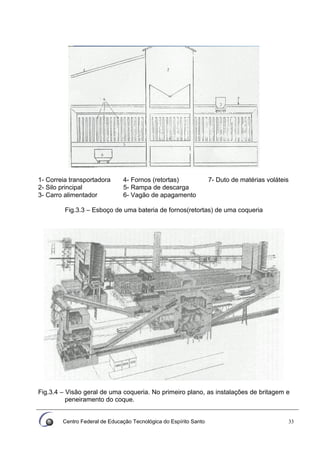 Centro Federal de Educação Tecnológica do Espírito Santo 33
1- Correia transportadora 4- Fornos (retortas) 7- Duto de matérias voláteis
2- Silo principal 5- Rampa de descarga
3- Carro alimentador 6- Vagão de apagamento
Fig.3.3 – Esboço de uma bateria de fornos(retortas) de uma coqueria
Fig.3.4 – Visão geral de uma coqueria. No primeiro plano, as instalações de britagem e
peneiramento do coque.
 