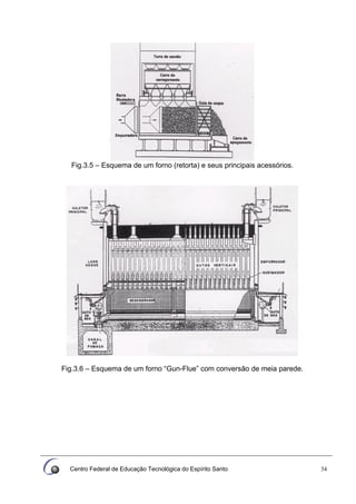 Centro Federal de Educação Tecnológica do Espírito Santo 34
Fig.3.5 – Esquema de um forno (retorta) e seus principais acessórios.
Fig.3.6 – Esquema de um forno “Gun-Flue” com conversão de meia parede.
 