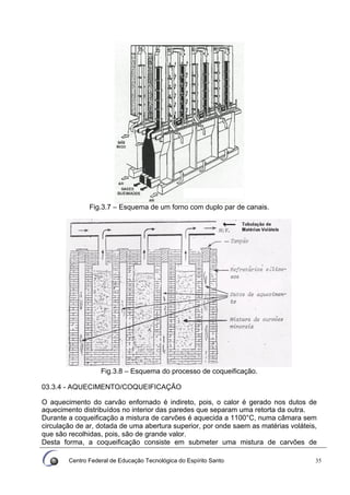 Centro Federal de Educação Tecnológica do Espírito Santo 35
Fig.3.7 – Esquema de um forno com duplo par de canais.
Fig.3.8 – Esquema do processo de coqueificação.
03.3.4 - AQUECIMENTO/COQUEIFICAÇÃO
O aquecimento do carvão enfornado é indireto, pois, o calor é gerado nos dutos de
aquecimento distribuídos no interior das paredes que separam uma retorta da outra.
Durante a coqueificação a mistura de carvões é aquecida a 1100°C, numa câmara sem
circulação de ar, dotada de uma abertura superior, por onde saem as matérias voláteis,
que são recolhidas, pois, são de grande valor.
Desta forma, a coqueificação consiste em submeter uma mistura de carvões de
 