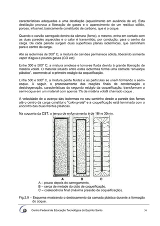 Centro Federal de Educação Tecnológica do Espírito Santo 36
características adequadas a uma destilação (aquecimento em ausência de ar). Esta
destilação provoca a liberação de gases e o aparecimento de um resíduo sólido,
poroso, infusível, basicamente constituído de carbono, que é o coque.
Quando o carvão carregado dentro da câmara (forno), o mesmo, entra em contato com
as duas paredes aquecidas e o calor é transmitido, por condução, para o centro da
carga. De cada parede surgem duas superfícies planas isotérmicas, que caminham
para o centro da carga.
Até as isotermas de 300o
C, a mistura de carvões permanece sólida, liberando somente
vapor d’agua e poucos gases (CO etc).
Entre 300 e 500o
C, a mistura amolece e torna-se fluida devido à grande liberação de
matéria volátil. O material situado entre estas isotermas forma uma camada "envelope
plástico", ocorrendo aí o primeiro estágio da coqueificação.
Entre 500 e 900o
C, a mistura perde fluidez e as partículas se unem formando o semi-
coque. A seguir, o processamento das reações finais de condensação e
desidrogenação, características do segundo estágio da coqueificação, transformam o
semi-coque em um material com apenas 1% de matéria volátil chamado coque .
A velocidade de a avanço das isotermas no seu caminho desde a parede dos fornos
até o centro da carga constitui o "coking-rate" e a coqueificação está terminada com o
encontro das duas frentes plásticas.
Na coqueria da CST, o tempo de enfornamento é de 16h e 30min.
A B C
A – pouco depois do carregamento,
B – cerca de metade do ciclo de coqueificação,
C – coalescência final (máxima pressão de coqueificação).
Fig.3.9 – Esquema mostrando o deslocamento da camada plástica durante a formação
do coque.
 