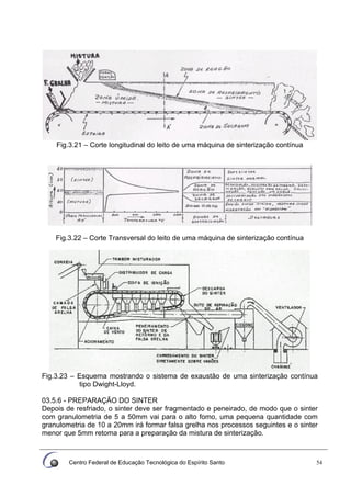 Centro Federal de Educação Tecnológica do Espírito Santo 54
Fig.3.21 – Corte longitudinal do leito de uma máquina de sinterização contínua
Fig.3.22 – Corte Transversal do leito de uma máquina de sinterização contínua
Fig.3.23 – Esquema mostrando o sistema de exaustão de uma sinterização contínua
tipo Dwight-Lloyd.
03.5.6 - PREPARAÇÃO DO SINTER
Depois de resfriado, o sinter deve ser fragmentado e peneirado, de modo que o sinter
com granulometria de 5 a 50mm vai para o alto fomo, uma pequena quantidade com
granulometria de 10 a 20mm irá formar falsa grelha nos processos seguintes e o sinter
menor que 5mm retoma para a preparação da mistura de sinterização.
 