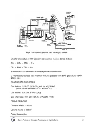 Centro Federal de Educação Tecnológica do Espírito Santo 69
Fig.4.7 - Esquema geral de uma instalação Midréx
Em alta temperatura (10000
C) ocorre as seguintes reações dentro do tubo:
CH4 + CO2 = 2CO + 2H2
CH4 + H2O = CO + 3H2
A temperatura do reformador é limitada pelos tubos refratários
O reformador projetado para reformar misturas gasosas com: 5O% gás natural e 5O%
gás de topo
COMPOSIÇÃO DOS GASES
Gás de topo: 25% CO, 20% C02, 30% H2, e 25%;H2O
(antes de ser resfriado 320o
C, após 50o
C)
Gás natural: 90% CH4 e 10% C2 H6)
Gás reformado: 36% CO, 5O% H2 e 4% (CH4 + C02)
FORNO REDUTOR
Diâmetro inferior ≅ 4,8 m
Volume interno ≅ 300 m3
Possui duas regiões
 