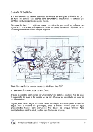 Centro Federal de Educação Tecnológica do Espírito Santo 89
5 – CASA DE CORRIDA:
É a área em volta do cadinho destinada às corridas de ferro gusa e escória. Na CST,
os furos de corridas são abertos com perfuradores pneumáticos e fechados por
canhões hidráulicos para projeção de massa.
No caso do forno 1, o sistema possui, normalmente, um canal em reforma, um
aguardando operação e dois operando, estes em casas de corridas diferentes, tendo
como objetivo manter o forno sempre esgotado.
Fig.4.21 – Lay Out da casa de corrida do Alto Forno 1 da CST.
6 - SEPARAÇÃO DO GUSA E DA ESCÓRIA:
O gusa e a escória saem juntos por um único furo no cadinho, chamado furo de gusa.
A separação do gusa e da escória se faz por diferença de densidade no canal de
corrida principal.
O gusa, mais denso, segue por outros canais em direção ao carro torpedo, e a escória
segue para o sistema de granulação, onde a mesma recebe jatos de água
pressurizados ficando com granulação fina devido ao choque térmico. Após
desidratação da escória, ela é vendida para fábricas de cimento.
 