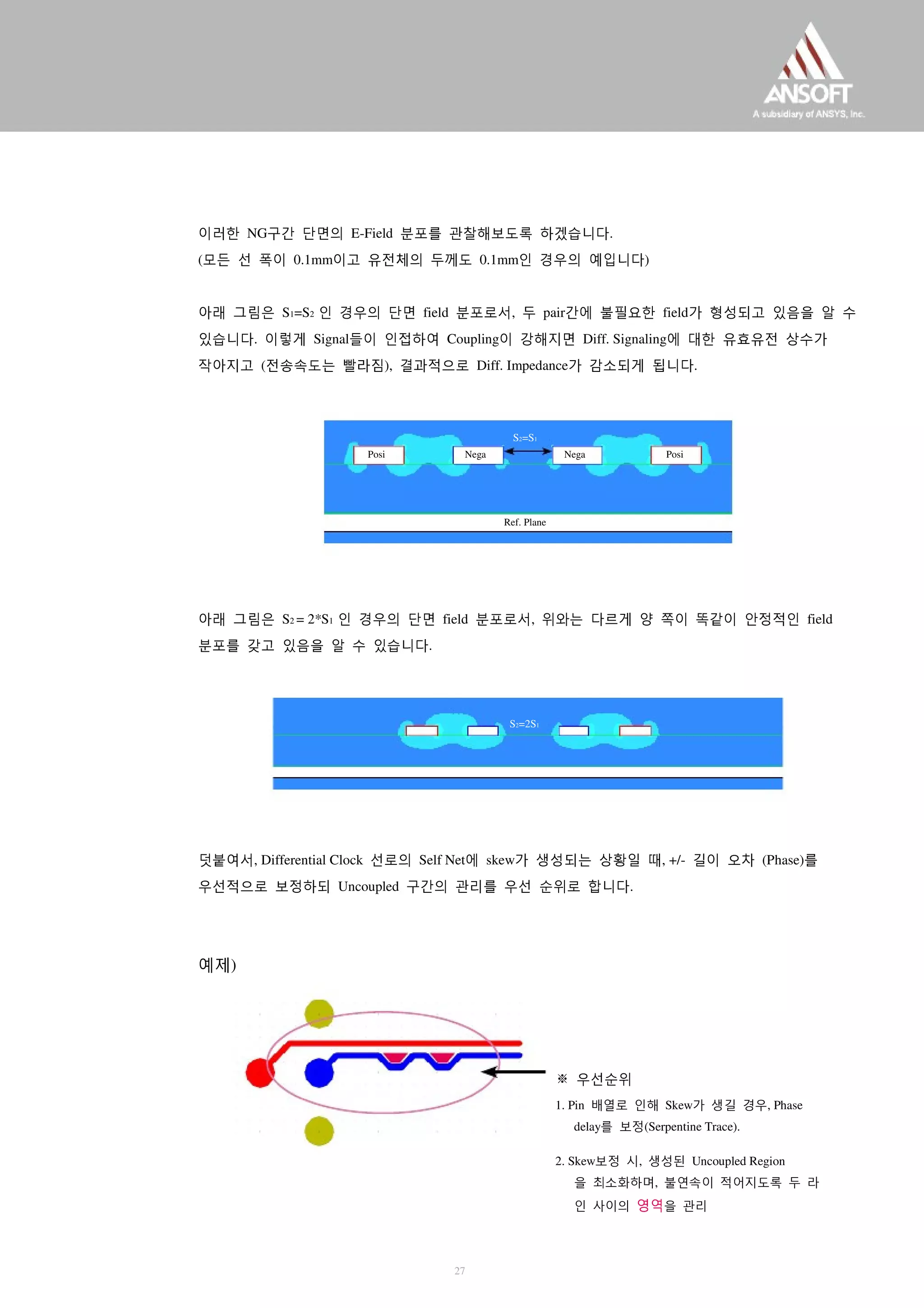 이러한 NG구간 단면의 E-Field 분포를 관찰해보도록 하겠습니다.
(모든 선 폭이 0.1mm이고 유전체의 두께도 0.1mm인 경우의 예입니다)
아래 그림은 S1=S2 인 경우의 단면 field 분포로서, 두 pair간에 불필요한 field가 형성되고 있음을 알 수
있습니다. 이렇게 Signal들이 인접하여 Coupling이 강해지면 Diff. Signaling에 대한 유효유전 상수가
작아지고 (전송속도는 빨라짐), 결과적으로 Diff. Impedance가 감소되게 됩니다.
S2=S1
Posi Nega Nega Posi
Ref. Plane
아래 그림은 S2 = 2*S1 인 경우의 단면 field 분포로서, 위와는 다르게 양 쪽이 똑같이 안정적인 field
분포를 갖고 있음을 알 수 있습니다.
S2=2S1
덧붙여서, Differential Clock 선로의 Self Net에 skew가 생성되는 상황일 때, +/- 길이 오차 (Phase)를
우선적으로 보정하되 Uncoupled 구간의 관리를 우선 순위로 합니다.
예제)
※ 우선순위
1. Pin 배열로 인해 Skew가 생길 경우, Phase
delay를 보정(Serpentine Trace).
2. Skew보정 시, 생성된 Uncoupled Region
을 최소화하며, 불연속이 적어지도록 두 라
인 사이의 영역을 관리
27
 