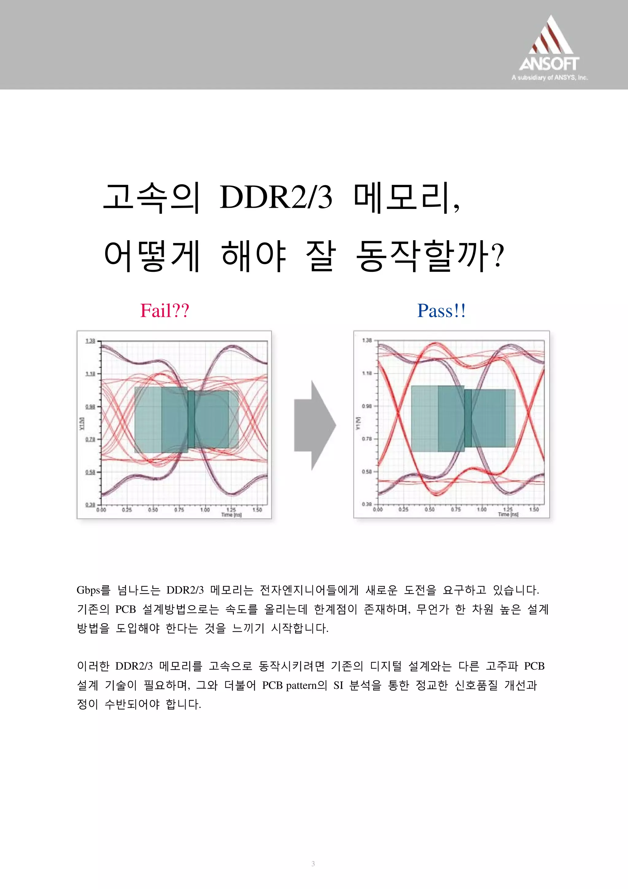 고속의 DDR2/3 메모리,
어떻게 해야 잘 동작할까?
Fail?? Pass!!
Gbps를 넘나드는 DDR2/3 메모리는 전자엔지니어들에게 새로운 도전을 요구하고 있습니다.
기존의 PCB 설계방법으로는 속도를 올리는데 한계점이 존재하며, 무언가 한 차원 높은 설계
방법을 도입해야 한다는 것을 느끼기 시작합니다.
이러한 DDR2/3 메모리를 고속으로 동작시키려면 기존의 디지털 설계와는 다른 고주파 PCB
설계 기술이 필요하며, 그와 더불어 PCB pattern의 SI 분석을 통한 정교한 신호품질 개선과
정이 수반되어야 합니다.
3
 