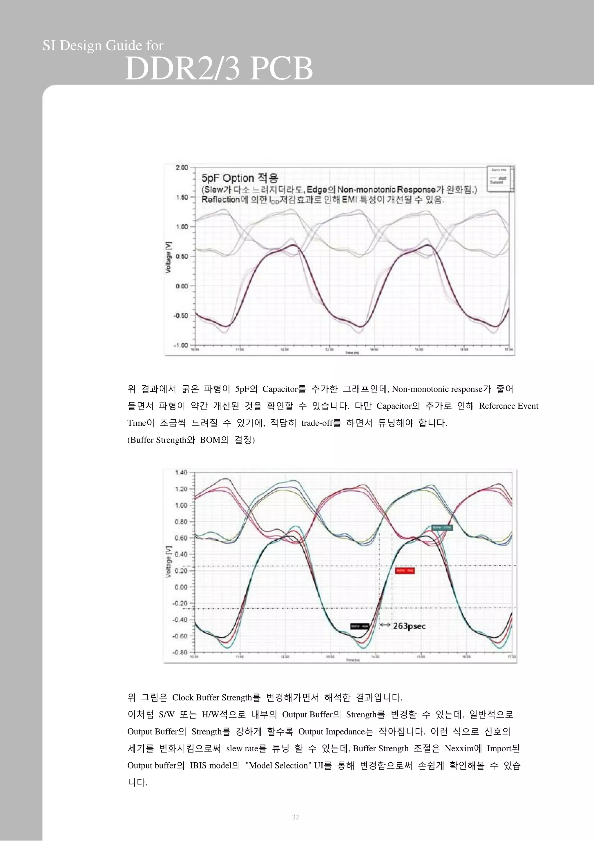 SI Design Guide for
DDR2/3 PCB
위 결과에서 굵은 파형이 5pF의 Capacitor를 추가한 그래프인데, Non-monotonic response가 줄어
들면서 파형이 약간 개선된 것을 확인할 수 있습니다. 다만 Capacitor의 추가로 인해 Reference Event
Time이 조금씩 느려질 수 있기에, 적당히 trade-off를 하면서 튜닝해야 합니다.
(Buffer Strength와 BOM의 결정)
위 그림은 Clock Buffer Strength를 변경해가면서 해석한 결과입니다.
이처럼 S/W 또는 H/W적으로 내부의 Output Buffer의 Strength를 변경할 수 있는데, 일반적으로
Output Buffer의 Strength를 강하게 할수록 Output Impedance는 작아집니다. 이런 식으로 신호의
세기를 변화시킴으로써 slew rate를 튜닝 할 수 있는데, Buffer Strength 조절은 Nexxim에 Import된
Output buffer의 IBIS model의 "Model Selection" UI를 통해 변경함으로써 손쉽게 확인해볼 수 있습
니다.
32
 