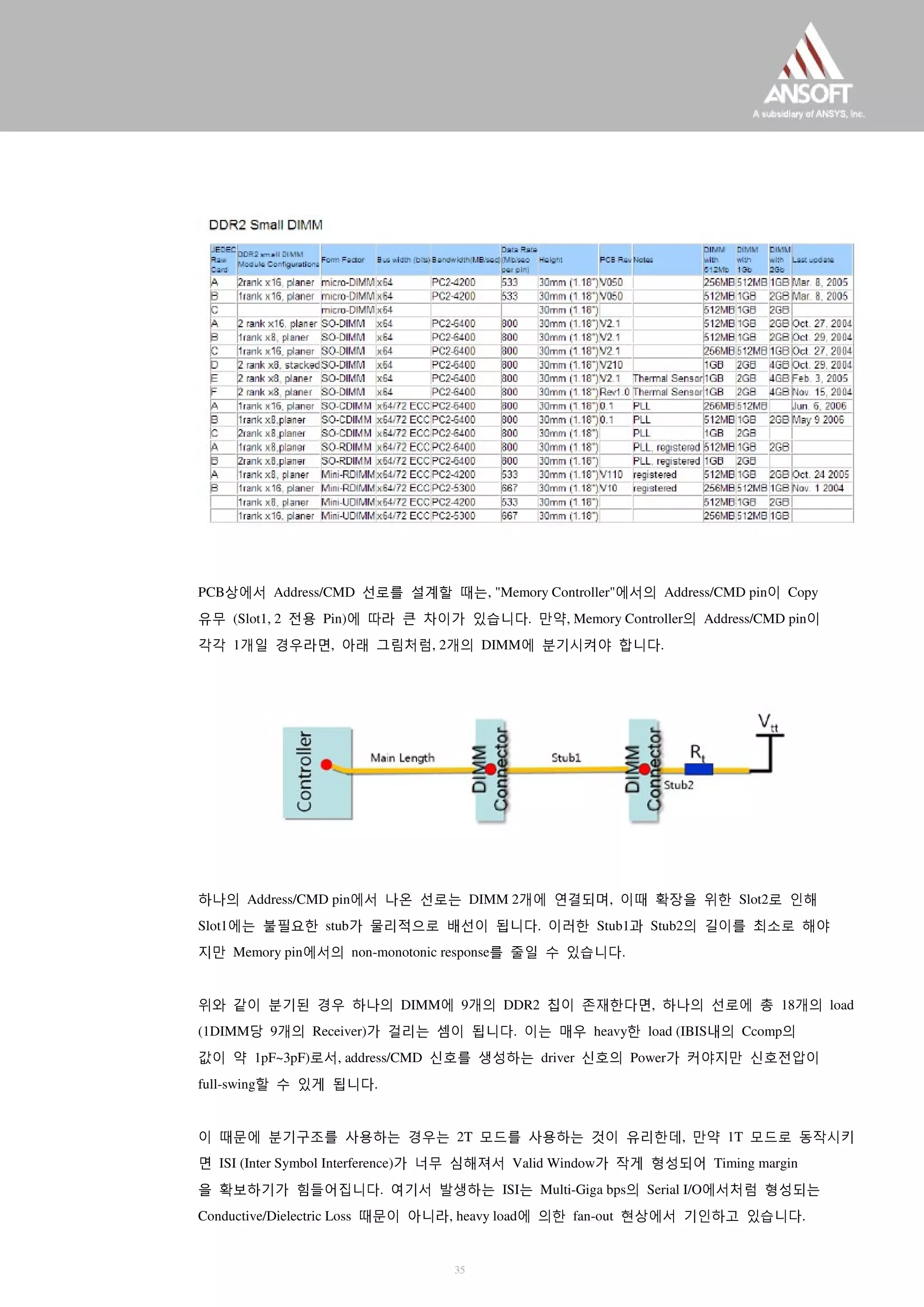 PCB상에서 Address/CMD 선로를 설계할 때는, "Memory Controller"에서의 Address/CMD pin이 Copy
유무 (Slot1, 2 전용 Pin)에 따라 큰 차이가 있습니다. 만약, Memory Controller의 Address/CMD pin이
각각 1개일 경우라면, 아래 그림처럼, 2개의 DIMM에 분기시켜야 합니다.
하나의 Address/CMD pin에서 나온 선로는 DIMM 2개에 연결되며, 이때 확장을 위한 Slot2로 인해
Slot1에는 불필요한 stub가 물리적으로 배선이 됩니다. 이러한 Stub1과 Stub2의 길이를 최소로 해야
지만 Memory pin에서의 non-monotonic response를 줄일 수 있습니다.
위와 같이 분기된 경우 하나의 DIMM에 9개의 DDR2 칩이 존재한다면, 하나의 선로에 총 18개의 load
(1DIMM당 9개의 Receiver)가 걸리는 셈이 됩니다. 이는 매우 heavy한 load (IBIS내의 Ccomp의
값이 약 1pF~3pF)로서, address/CMD 신호를 생성하는 driver 신호의 Power가 커야지만 신호전압이
full-swing할 수 있게 됩니다.
이 때문에 분기구조를 사용하는 경우는 2T 모드를 사용하는 것이 유리한데, 만약 1T 모드로 동작시키
면 ISI (Inter Symbol Interference)가 너무 심해져서 Valid Window가 작게 형성되어 Timing margin
을 확보하기가 힘들어집니다. 여기서 발생하는 ISI는 Multi-Giga bps의 Serial I/O에서처럼 형성되는
Conductive/Dielectric Loss 때문이 아니라, heavy load에 의한 fan-out 현상에서 기인하고 있습니다.
35
 