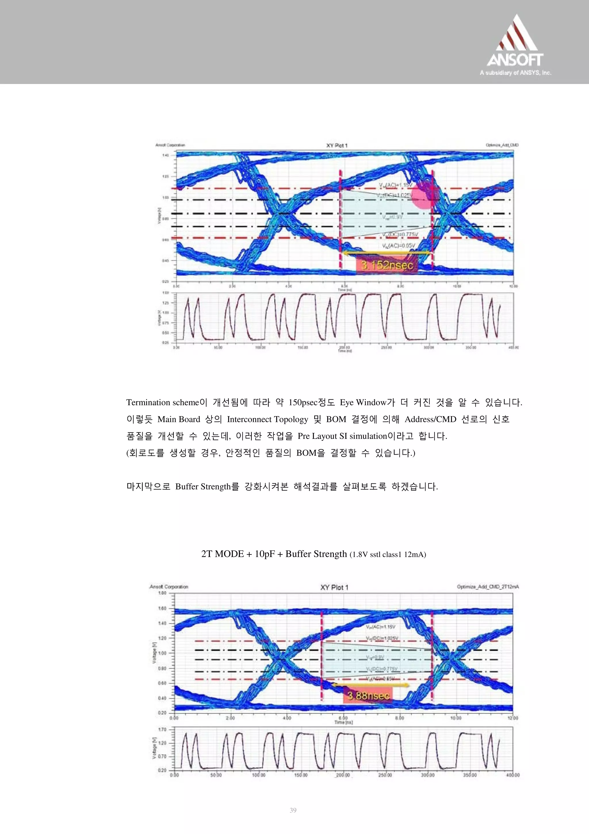 Termination scheme이 개선됨에 따라 약 150psec정도 Eye Window가 더 커진 것을 알 수 있습니다.
이렇듯 Main Board 상의 Interconnect Topology 및 BOM 결정에 의해 Address/CMD 선로의 신호
품질을 개선할 수 있는데, 이러한 작업을 Pre Layout SI simulation이라고 합니다.
(회로도를 생성할 경우, 안정적인 품질의 BOM을 결정할 수 있습니다.)
마지막으로 Buffer Strength를 강화시켜본 해석결과를 살펴보도록 하겠습니다.
2T MODE + 10pF + Buffer Strength (1.8V sstl class1 12mA)
39
 